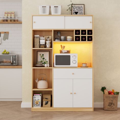 Madia 115x35x180cm Soluzione salvaspazio Illuminazione LED regolabile Pannello truciolare Bianco e naturale (1/5)