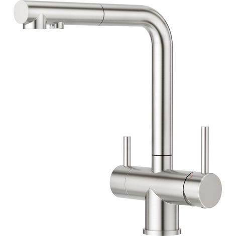 Robinet 3 Voies avec Douchette Extractible, Robinet d'eau Potable Mélangeur d'évier Pivotant à 360°, Robinet de Cuisine à Double Poignée Acier Inoxydable à eau 3 en 1, Brossé (1/5)