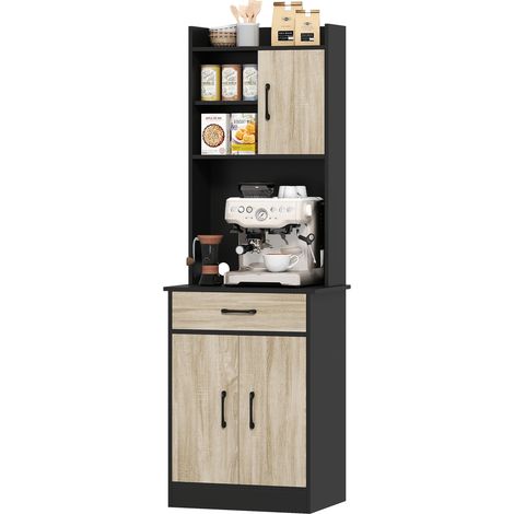 Buffet haut cuisine 3 portes tiroir étagères ouvertes plan de travail bois naturel 60x40x180cm