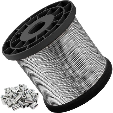 Câble en acier inoxydable 304, 1/16 pouce, câble d'aviation, fil métallique 328 pieds avec 30 manchons de sertissage, corde à linge, câble de treillis, résistance à la rupture 368 lbs, 1x7. (1/4)
