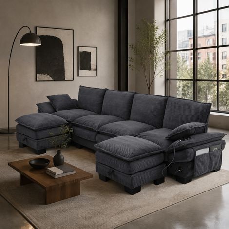 Sofá modular 4 plazas 330/132/84 cm gris oscuro de pana con 2 otomanas, USB-C y bolsillos laterales (1/5)