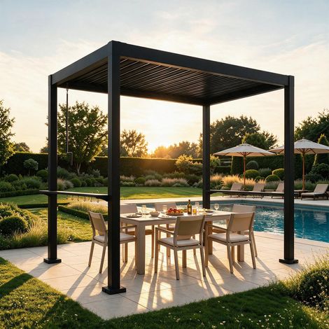WDWRITTI Gartenpavillon Metall Pergola Pavillon mit lamellendach Terrassenüberdachung für Terrasse, Deck & Garten, Anthrazit, 2,4x1,8m (1/5)