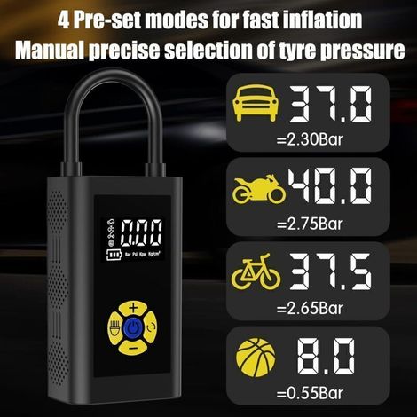 Compresseur à air portatif – Gonfleur pneus voiture avec écran LCD – 150 PSI – Rechargeable 2000mAh avec lumière LED d'urgence