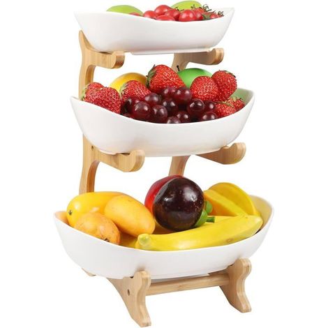 Ecleanfy - Présentoir à fruits à trois niveaux - en céramique et en bois, idéal pour présenter gâteaux, fruits et desserts.