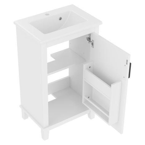 Meuble lavabo sur pied 51cm avec vasque, étagères, petit espace