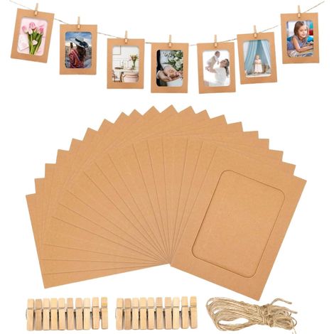 Cadre Photo en Papier 20 Pièces DIY Kraft Papier Cadres,Cadre Photo Kraft à Suspendre avec Pinces en Bois et Corde de Chanvre pour Décoration de Murale (1/5)
