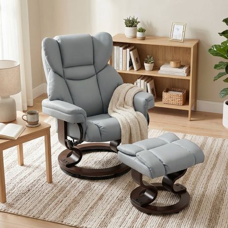 Sillón reclinable giratorio 360° con reposapiés de piel sintética PU gris claro OKWISH (1/5)