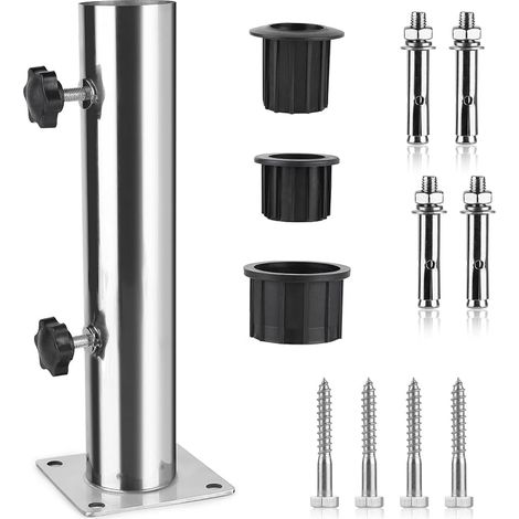 Tube Parasol, Pied de Parasol, Support Parasol en Acier Inoxydable Réglable avec 3 Anneaux de Réduction en PVC (32/38/48mm), Pied pour Parasol avec 8 Clous en Acier (1/5)