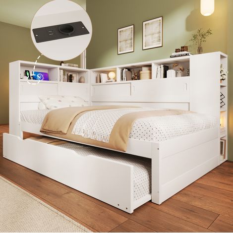 Cama infantil 90x200 blanca con cama nido, almacenaje y USB (1/5)