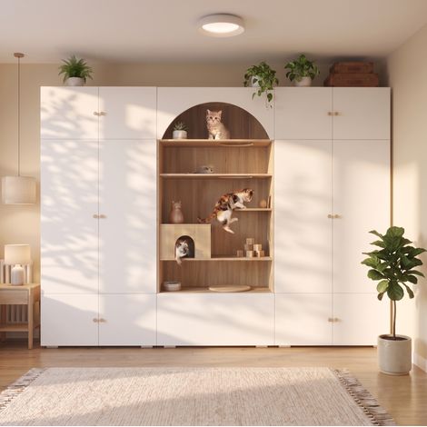 MODFU – Set guardaroba 270x50x200 cm in truciolato con spazio per gatto, 12 scomparti, appendiabiti e carico – Bianco/legno (1/5)