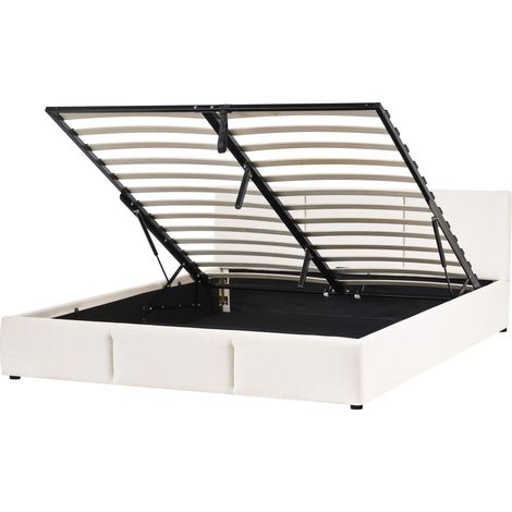 Ottoman Bed Off-White Fabric Upholstery EU King Size 5ft3 Tufted Headboard Storage Function BOUSSE