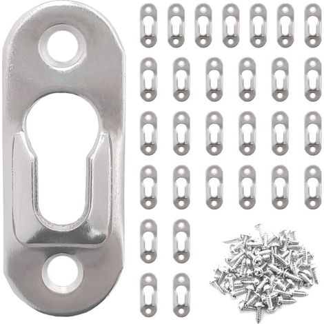 YMYNY 30 Stück 42 mm x 16 mm Metall-Schlüssellochaufhänger mit 60 Stück Schlüssellochschrauben, Aufhängebefestigungen zum Aufhängen von Spiegeln und Bilderrahmen in Schränken – Silber (1/4)