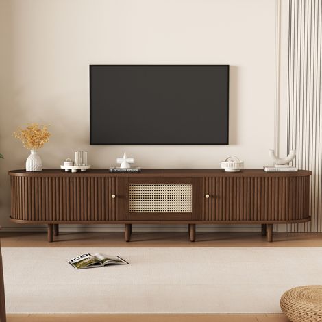 Meuble TV ovale en noyer foncé,2 Porte coulissante,Design Rotin+MDF,Pieds réglables,Charge 30 kg,180x40x40cm (1/5)