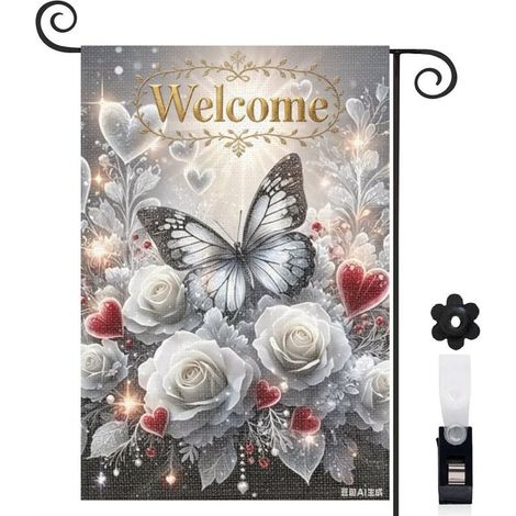Drapeau de jardin 30 x 45 cm motif papillon et fleurs blanches élégantes toile double face pour extérieur (1/5)