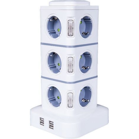 Tour Multiprise, 12 Prises Multiprise Electrique (2500W / 10A) avec 4 Ports USB, Multi Prises électriques Parafoudre Multiprise Verticale (1/5)