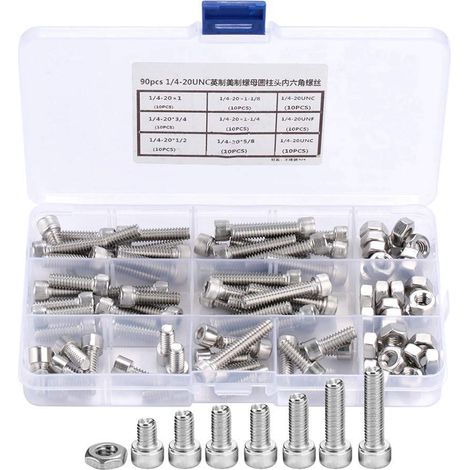 90pcs 1/4-20UNC Kit d'assortiment de vis hexagonales Boulons à tête à six pans creux en acier inoxydable 60pcs Vis + 30pcs écrou (1/5)