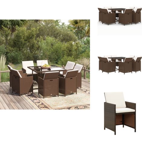 9-tlg. Garten-Essgruppe mit Kissen Poly Rattan Braun - Gartenmöbel - Essgruppe - Outdoor Möbel - Rattan Gartenmöbel - Balkonmöbel (1/5)