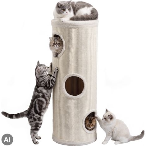 Fudajo Barril rascador Forest para gatos, color blanco - crema, altura 106 cm, diámetro 40 cm, incluye cojín, tonel poste árbol para gatos con 3 entradas (1/5)