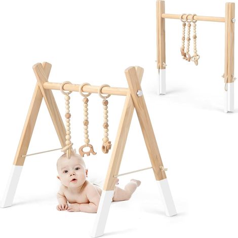 COSTWAY Gimnasio para Bebé de Madera Centro de Actividade con Juguete para Bebé de Más de 3 Meses (Blanco) (1/5)
