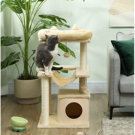 Katzenbaum 48 x 48 x 90 cm mit Spielzeug, Hängematte und Höhle, cremefarben HAVRYA (1/5)