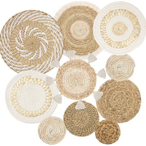 Lot de 9 paniers muraux tissés en rotin – Décoration bohème pour salon, chambre ou bureau – Dimensions variées de 10 à 32 cm (1/4)