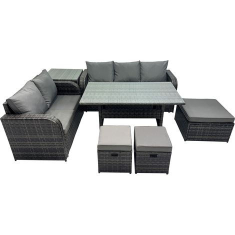 Fimous 8 Seat Outdoor Wicker PE Rattan Garden Furniture Set Dining Table Sofa Sets with 3 Stools Side Table Dark Grey Mixed (1/5)