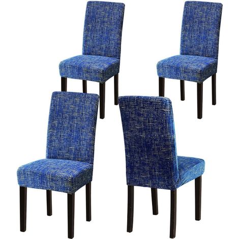 Stuhlhussen 4er Set, dehnbar, Leinenblau, Spandex, waschbar, für Esszimmerstühle (1/5)