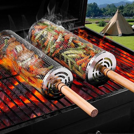 2 paniers à griller roulants, panier à griller portable en acier inoxydable pour la cuisson en extérieur, grillades pour légumes et poissons[RM]