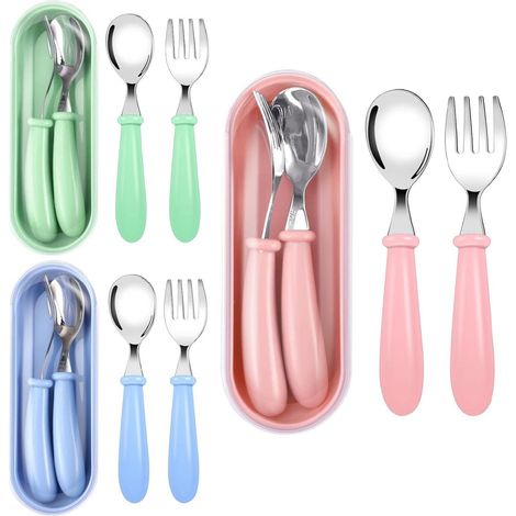 Couverte Enfant - Fourchette Lepel Acier Inoxydable - Pour Maison Et Ecole - 9 Pièces (3 Fourchettes 3 Cuillères 3 Boîtes) - Poignées Arrondies - Vert Bleu Rose