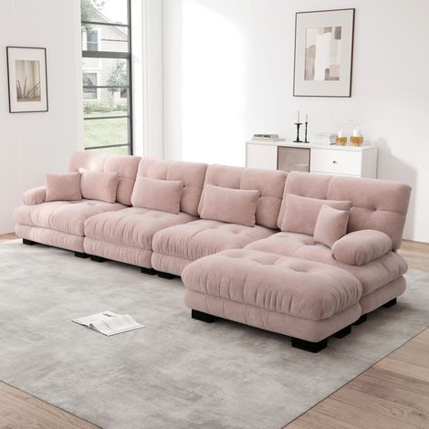 Sofá modular esquinero rosa en chenilla de 4 plazas con otomana móvil y asiento profundo (1/5)