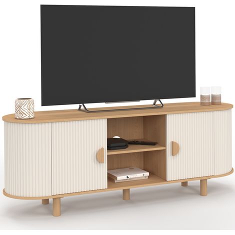 Mobile TV KANEL a 2 ante effetto scanalato beige e legno 140 cm (1/5)