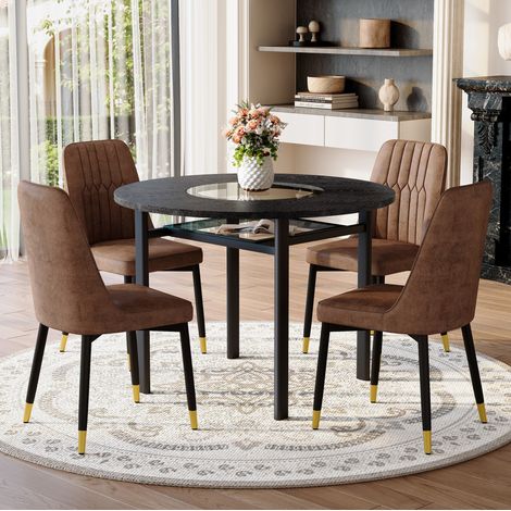 REDOM - Set tavolo da pranzo rotondo 100 cm, piano in MDF effetto legno nero, inserto in vetro, 4 sedie, tessuto tecnico marrone (1/5)