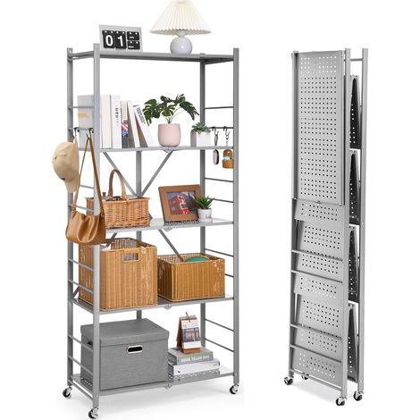 VEVOR Scaffale Portaoggetti Pieghevole a 5 Ripiani con Ruote, 360 x 810 x 1830 mm, Scaffale in Metallo Pieghevole, Robusto Resistente Senza Montaggio, per Garage, Cucina, Cantina Grigio (1/5)