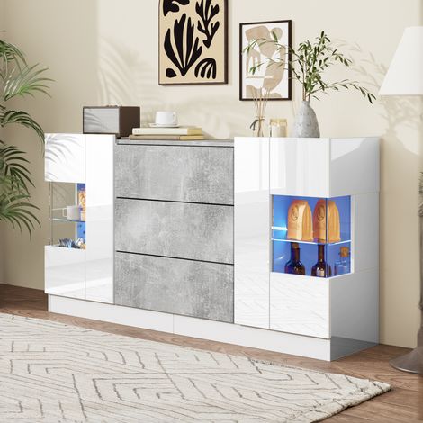 Buffet élégant, Armoirede rangement avec LED, 2 portes vitrées et 3 tiroirs, blanc brillant et finition marbre gris, 140x35x75 cm (1/5)