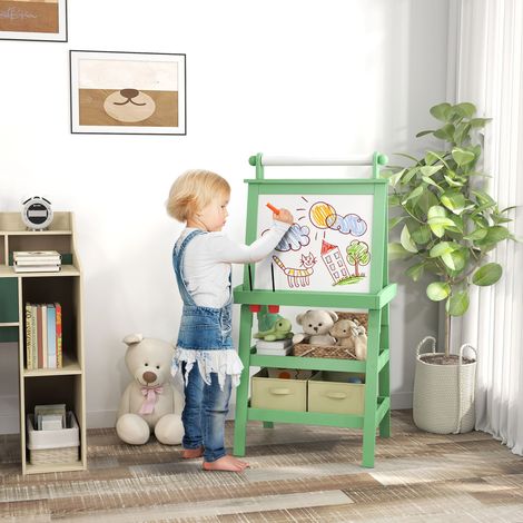 Tableau chevalet enfant 3 en 1 avec tableau blanc magnétique. tableau à craie. rouleau papier. 2 paniers. 3-6 ans. vert (1/5)