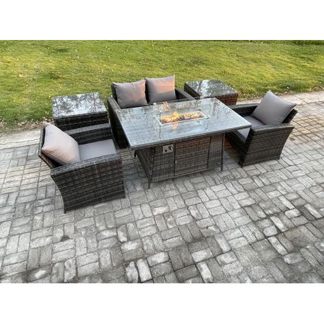 Fimous Outdoor Rattan Sofa Set Garden Furniture Gas Firepit Dining Table Heater with 2 Side Tables Dark Grey Mixed (1/5)