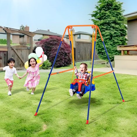 Kit Balançoire de Jardin 3-en-1, Portique Balançoire avec 4 Sacs de Sable, Capacité de Charge 90 kg, Support en Métal Pliable, Facile à Assembler pour Enfants, Arrière-cour Intérieur Extérieur (1/5)