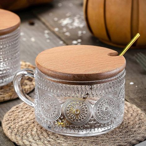 Tasses à café vintage en verre, boîtes à porridge avec couvercles et cuillères en bambou, verres à boire vert clair en relief de 414 ml, accessoires mignons pour le coin café