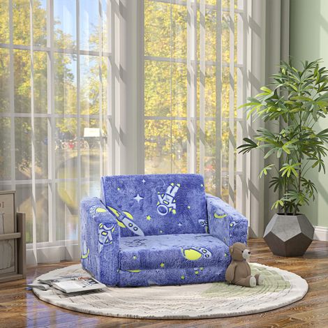 Sofá Infantil Plegable 2 en 1 Tapizado de Tela Luminosa con Patrón Cósmico Cojín y Funda Lavables Azul (1/5)