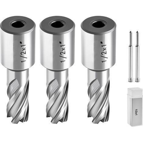 Jeu de 5 fraises annulaires à queue Weldon pour perceuse magnétique, coupe 25,4 mm, diamètre 12,7 mm, HSS, 3 forets avec 2 pointes pilotes et 3 étuis plastique, pour acier et perceuses magnétiques (1/5)