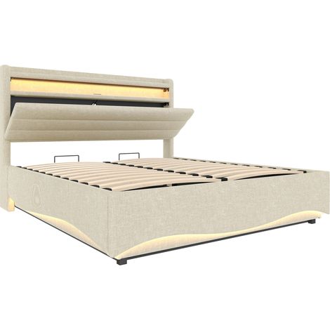 Cama tapizada con almacenamiento 140 x 200 cm beige, LED, USB-C y mecanismo hidráulico (1/5)