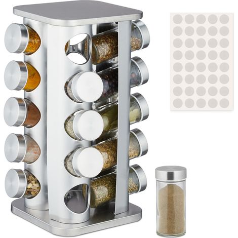 Relaxdays Portaspezie da Cucina, 20 Barattoli 40 Etichette, Girevole a 360°, Acciaio Inox e Vetro 33,5x20x20 cm, Argento (1/5)