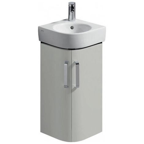 Geberit – Meuble sous lavabo d'angle suspendu 42,5 x 60,4 x 33 cm – 2 portes avec mécanisme d'amortissement – Corps gris clair laqué mat – Façade MDF gris clair laqué brillant