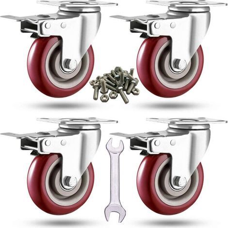 Ruote robuste da 7,6 cm (3 pollici), portata massima 907 kg (2000 libbre), ruote bloccabili con freno, ruote girevoli a 360 gradi per carrelli di mobili e banchi da lavoro, set da 4 (viti incluse). (1/5)