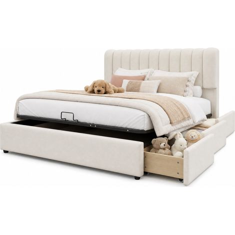 CHICFURN Cama infantil con almacenaje hidráulico 140x200 cm, 3 cajones, LED ambiental, terciopelo beige y diseño tapizado para dormitorio juvenil (1/5)