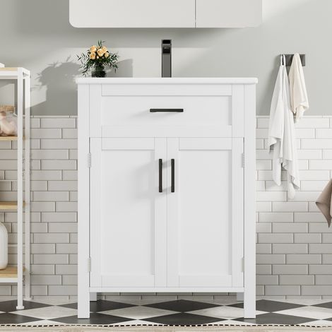 Mueble de baño con lavabo de cerámica y MDF blanco 60x46x84,8 cm, de suelo, con 2 puertas y cajón reversible (1/5)