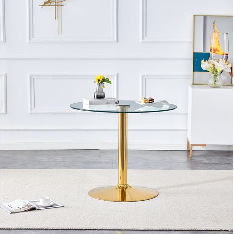 REDOM - Mesa de bar 85x85x76 cm, tablero de vidrio templado, base metálica estable, vidrio y metal, dorado y transparente (1/5)