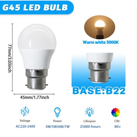 (B22 3000K, 3W) 4 ampoules LED G45, AC220V-240V, sans scintillement, respectueuses des yeux, adaptées à l'éclairage domestique. (1/5)