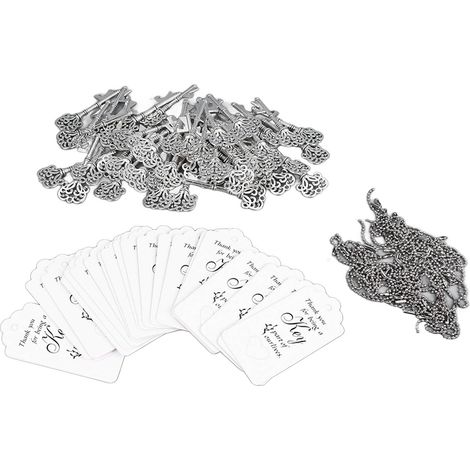50 ouvre-bouteilles style vintage avec clés squelettes, porte-clés et carte inclus – parfaits comme cadeaux d'invités ou souvenirs pour les mariages et autres fêtes. Argent antique. (1/5)