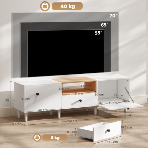 Meuble TV en bois pouvant accueillir des téléviseurs jusqu'à 70 pouces. Comprend deux portes pliantes, un tiroir et une étagère ouverte. Dimensions : 150 x 35 x 45 cm. Coloris : blanc et bois. (1/5)